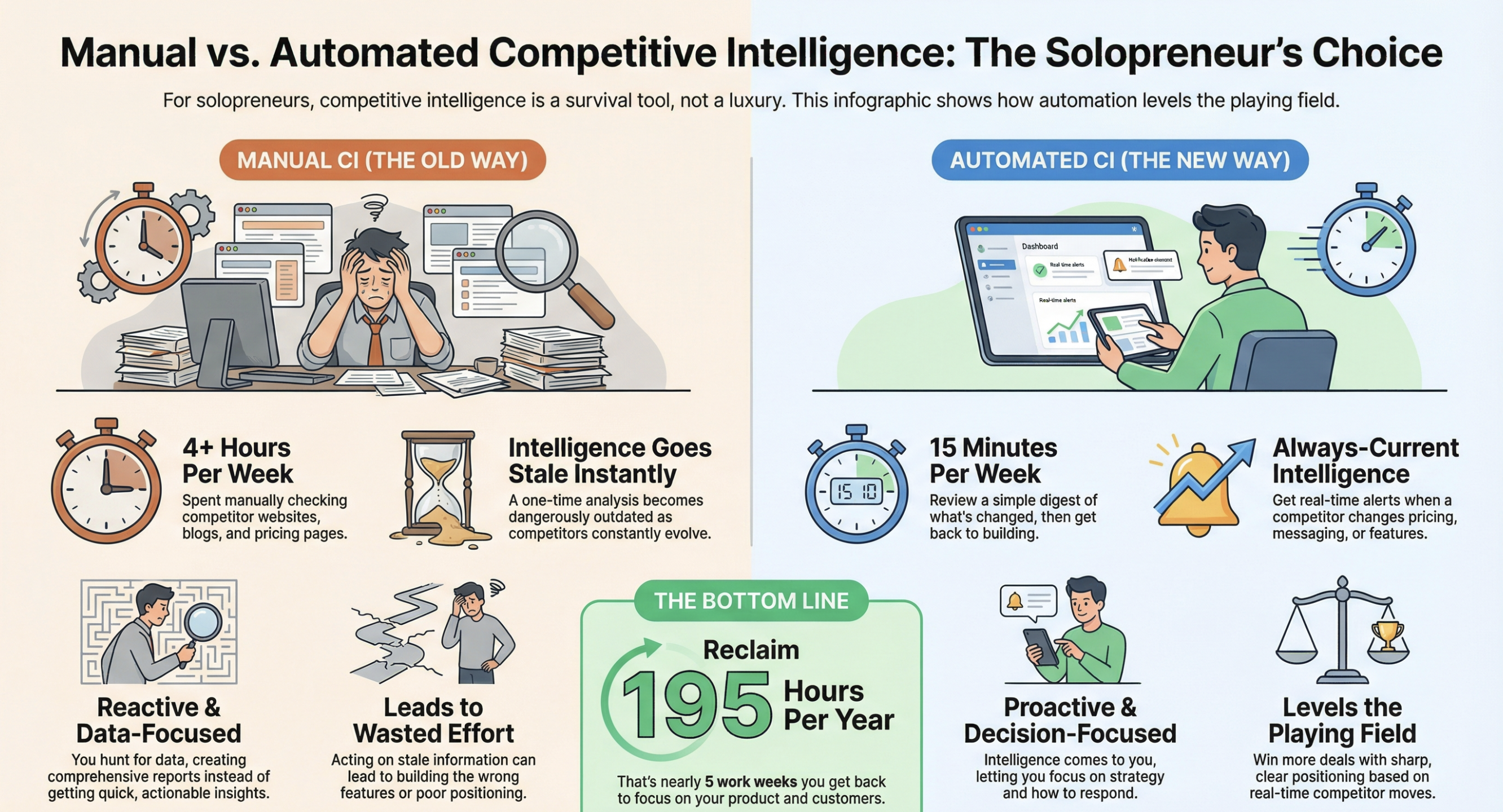 Manual vs Automated Competitive Intelligence comparison showing 4 hours/week vs 15 minutes/week, with 195 hours reclaimed per year