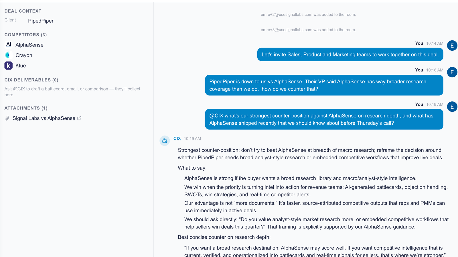 A Signal Labs Battle Room for the PipedPiper deal, where a rep asks how to counter AlphaSense on research depth and CIx replies with a counter-position, specific talk tracks and a recommendation for the call