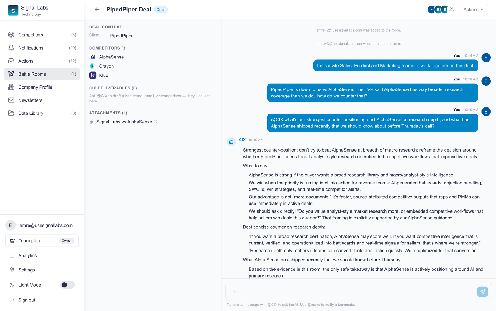A Signal Labs CIx Battle Room for a live deal, where a rep asks @CIX how to counter AlphaSense on research depth and CIx replies with a counter-position, specific talk tracks and what to know before the call